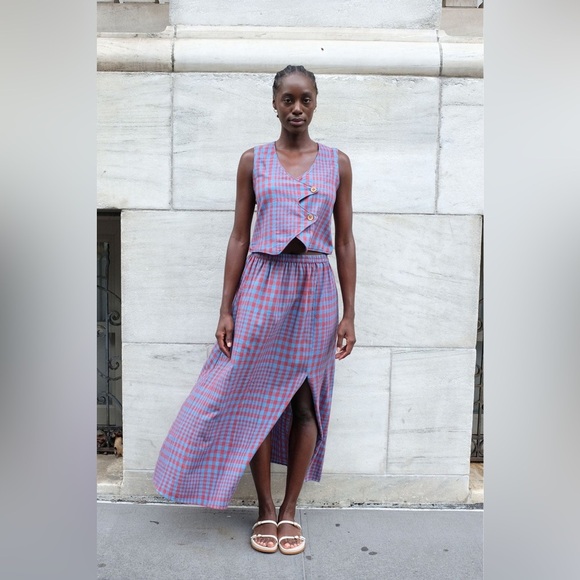 RUJUTA SHETH 100% Handwoven Cotton Carmen Vest Beacon Chex Red Blue Large NWT - Picture 2 of 11
